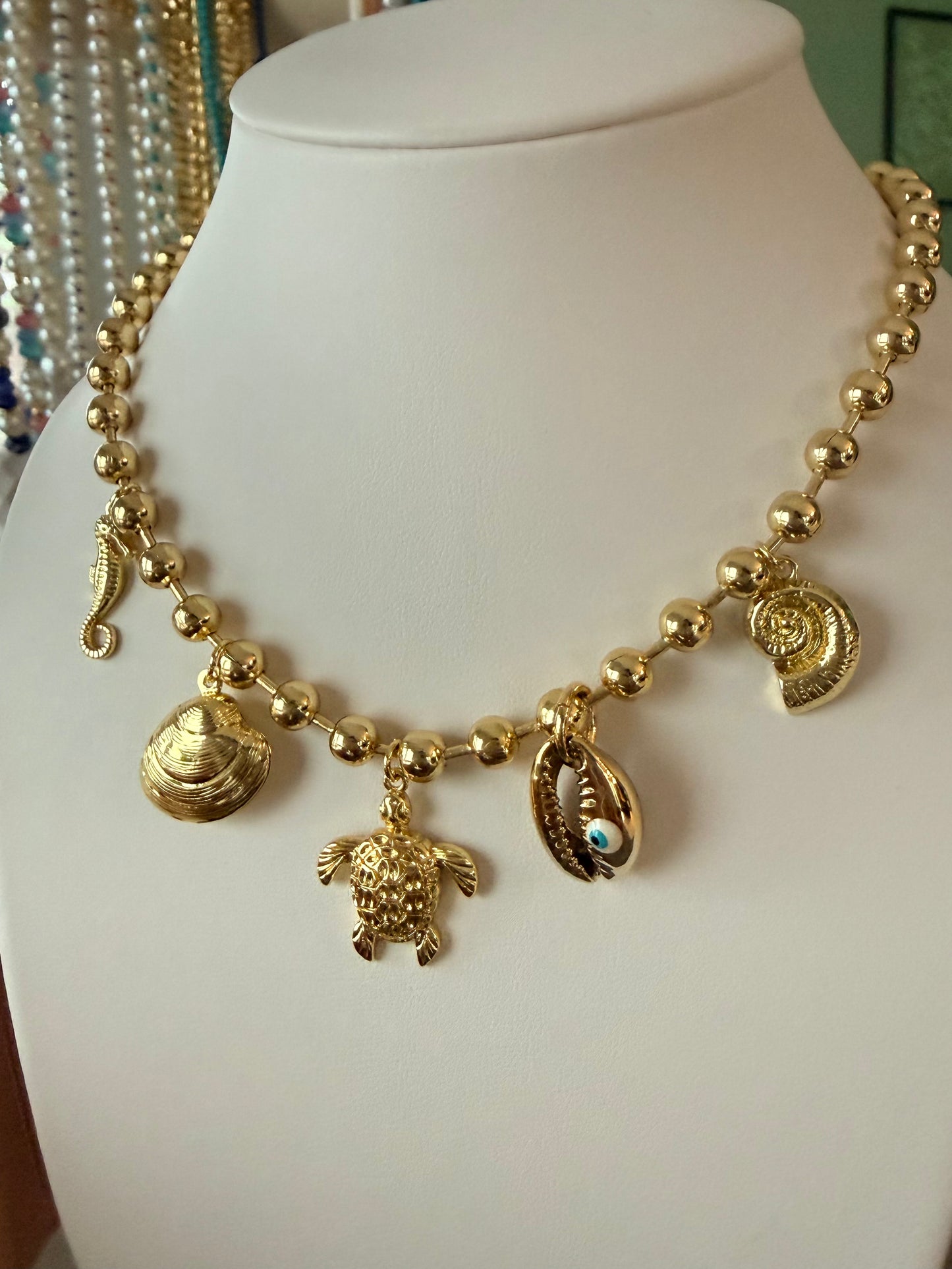 Gold Sea Life Charm Ball Chain Necklace – Turtle, Seahorse & Shell Charms with Evil Eye