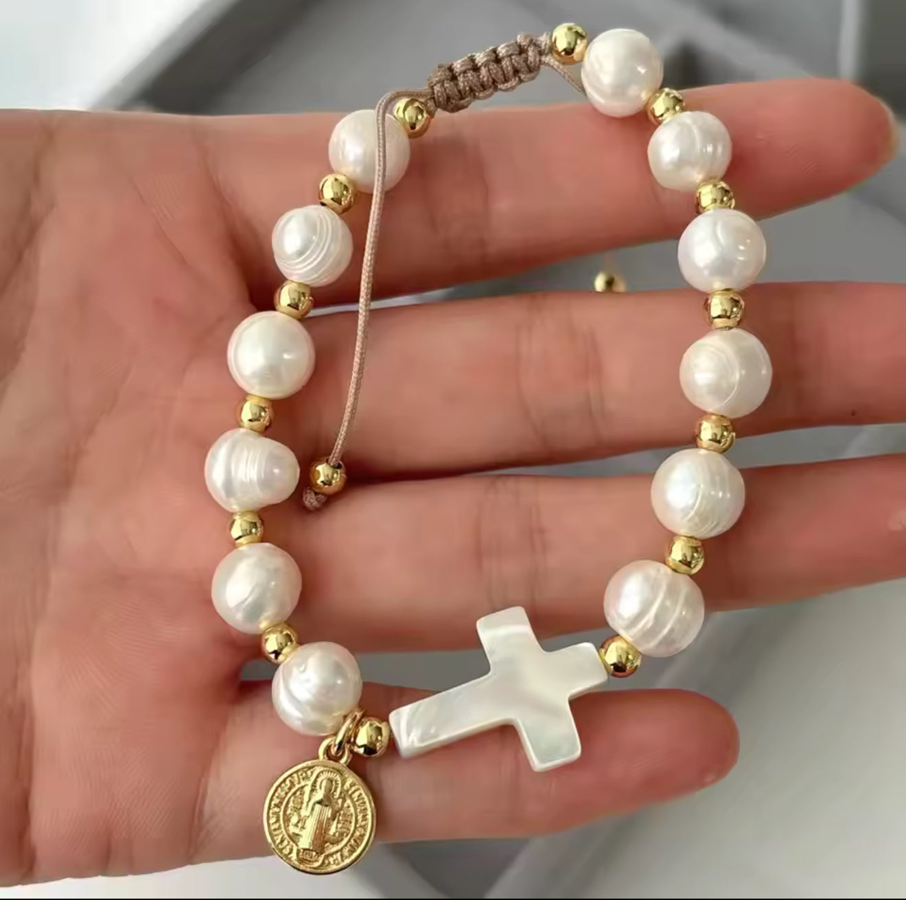 Mother of Pearl Cross & Saint Benedict Freshwater Pearl Bracelet
