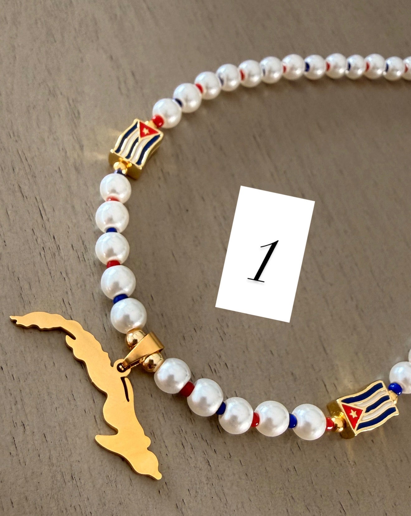 Cuba Map Pearl Necklace with Cuban Flag Charms