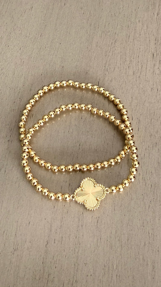 Lucky Clover Gold Beaded Bracelet Set – 2 Piece Stretch Stack