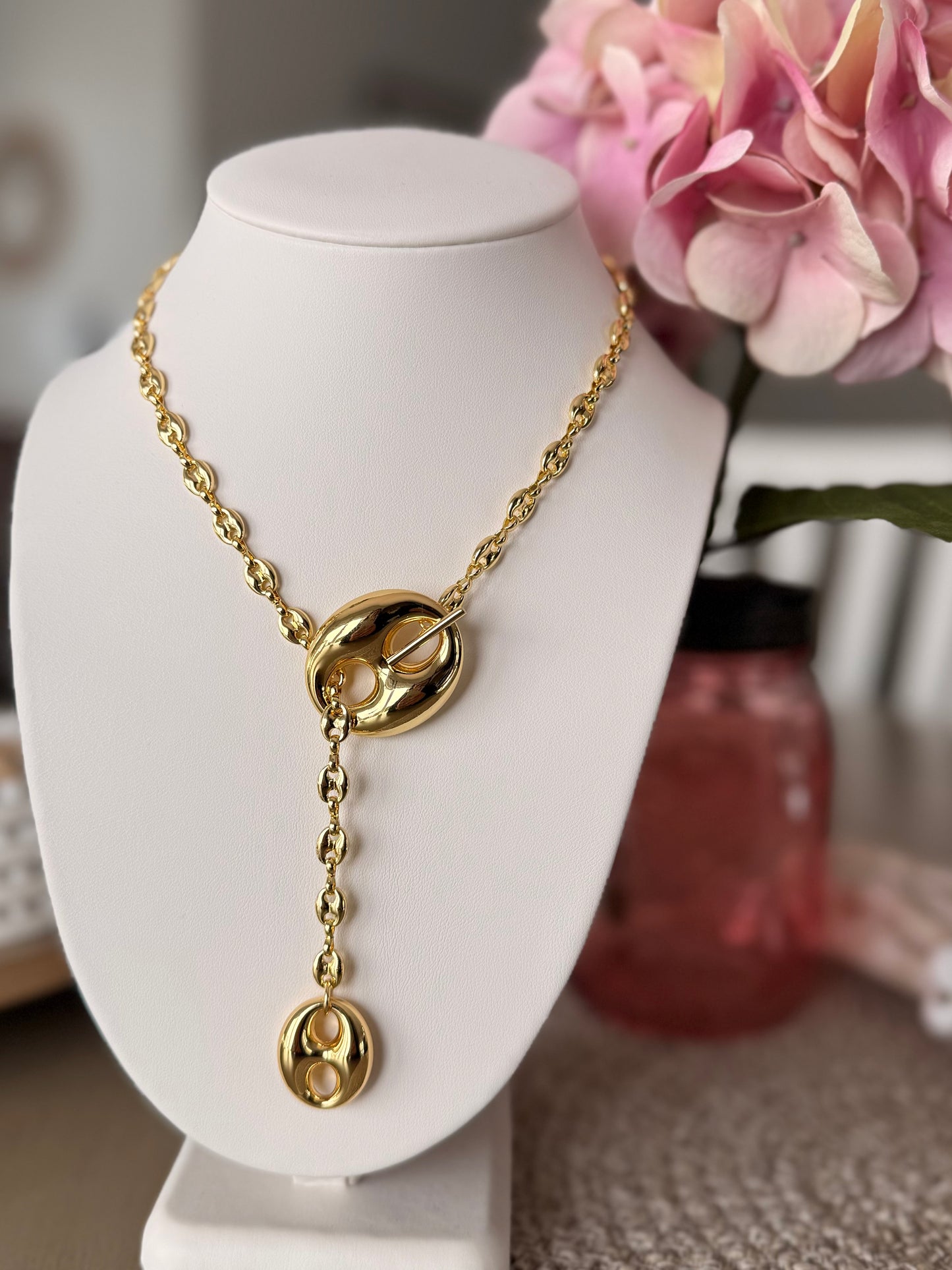 Mariner Toggle Lariat Necklace – Gold Puff Link Y-Necklace