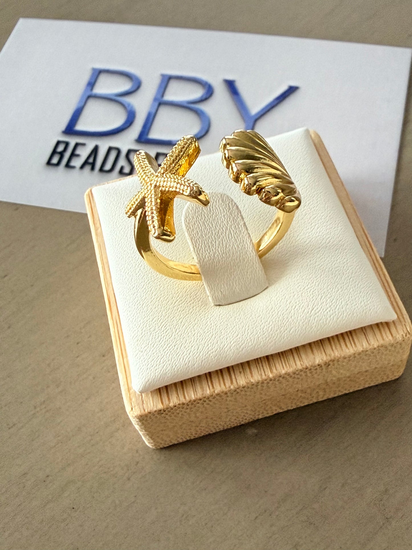 Gold Starfish & Shell Open Ring
