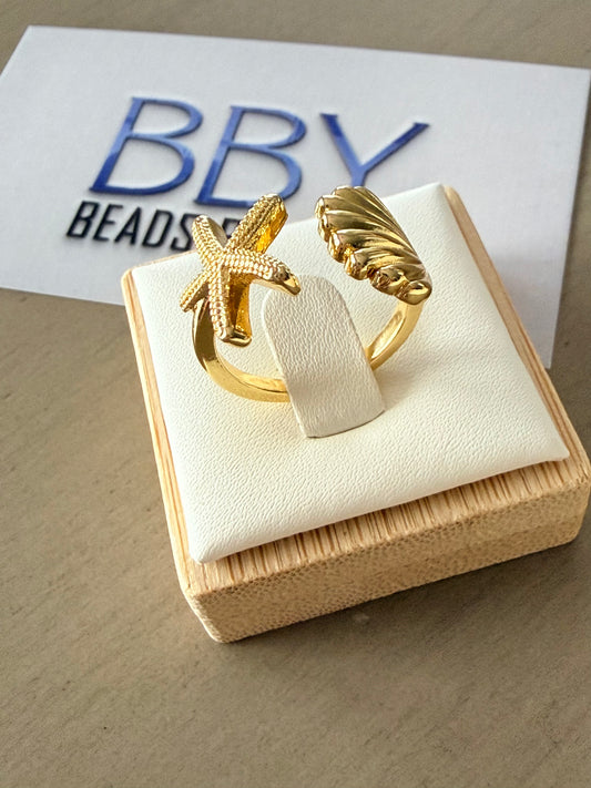 Gold Starfish & Shell Open Ring