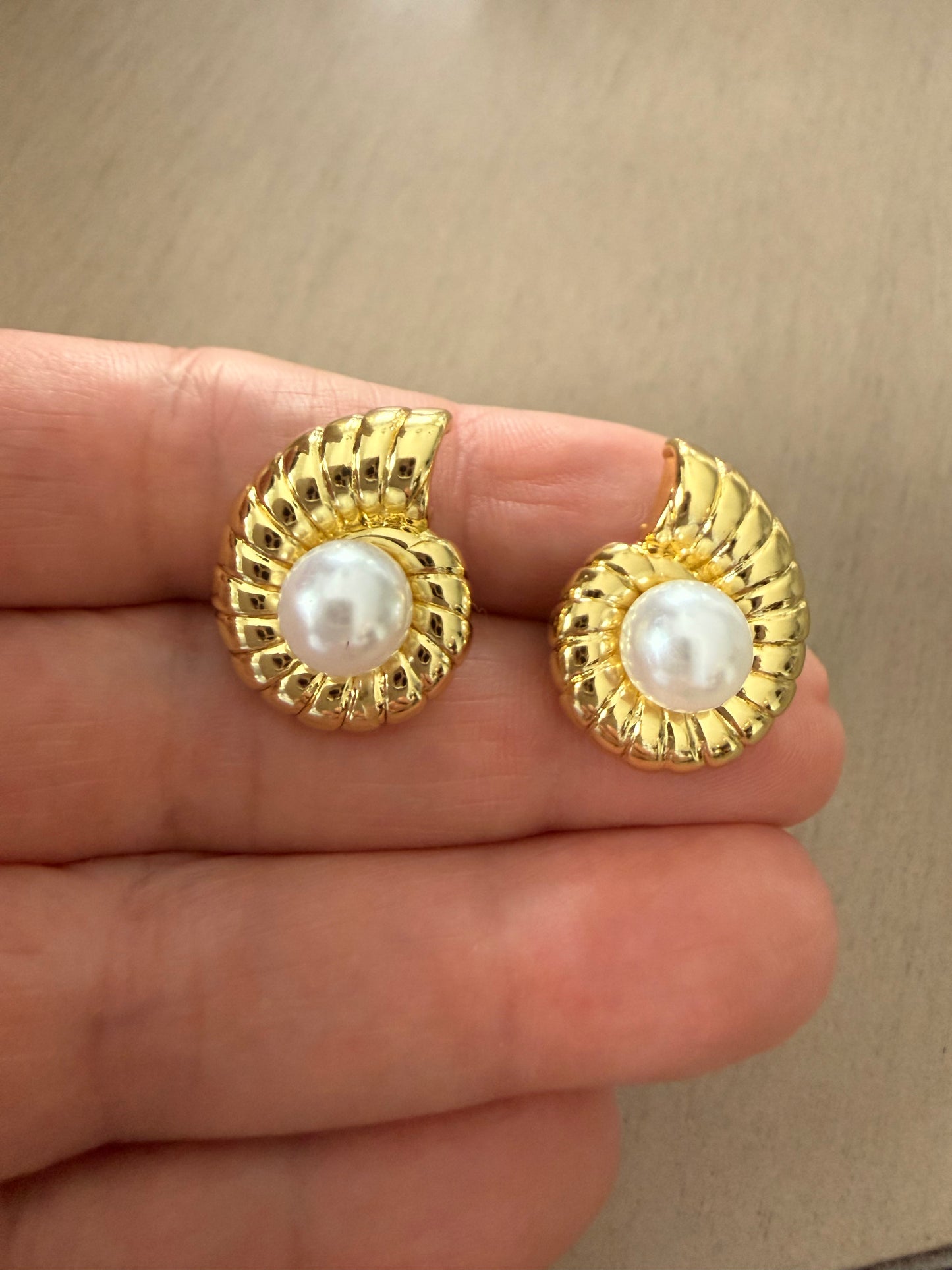 Golden Spiral Pearl Stud Earrings