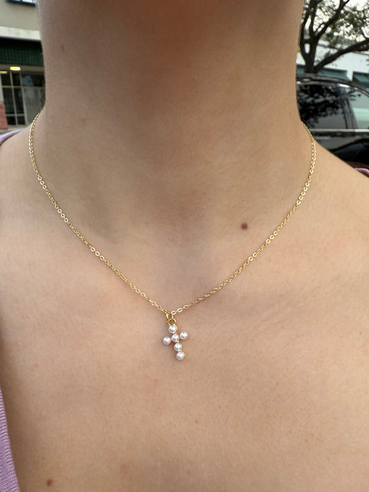 Dainty pearl cross gold chain