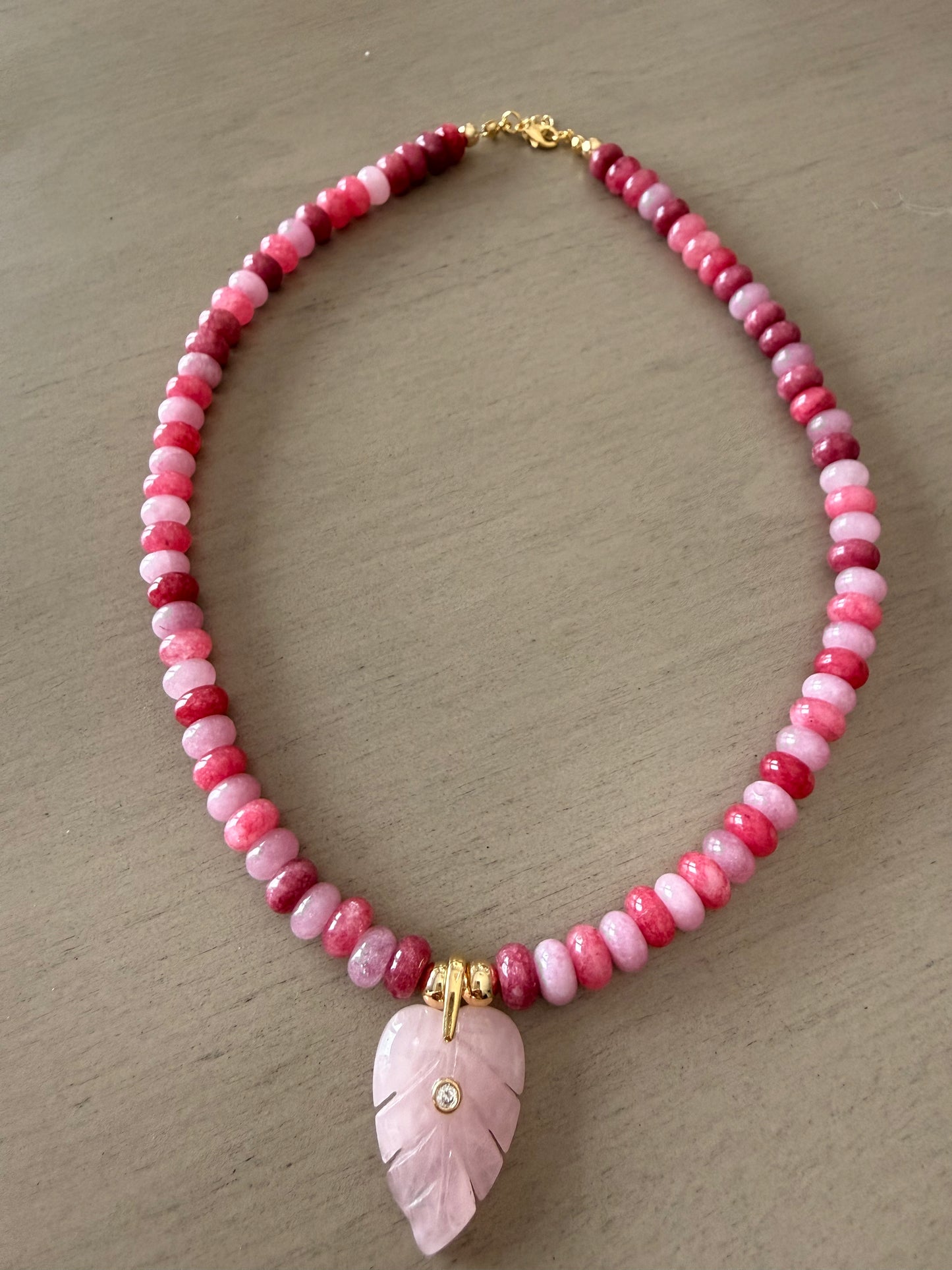 Pink Ombré Gemstone Leaf Pendant Beaded Necklace