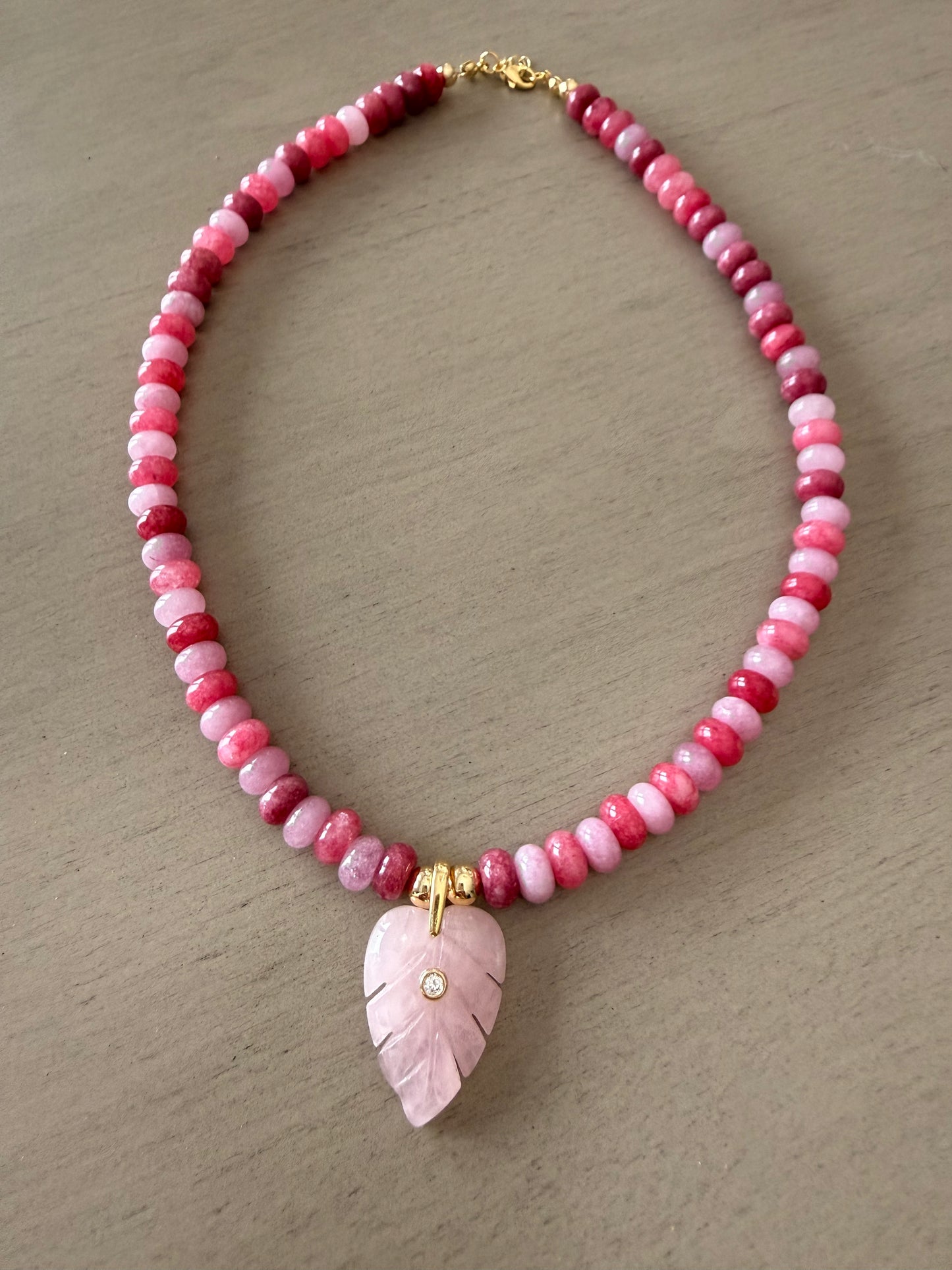 Pink Ombré Gemstone Leaf Pendant Beaded Necklace