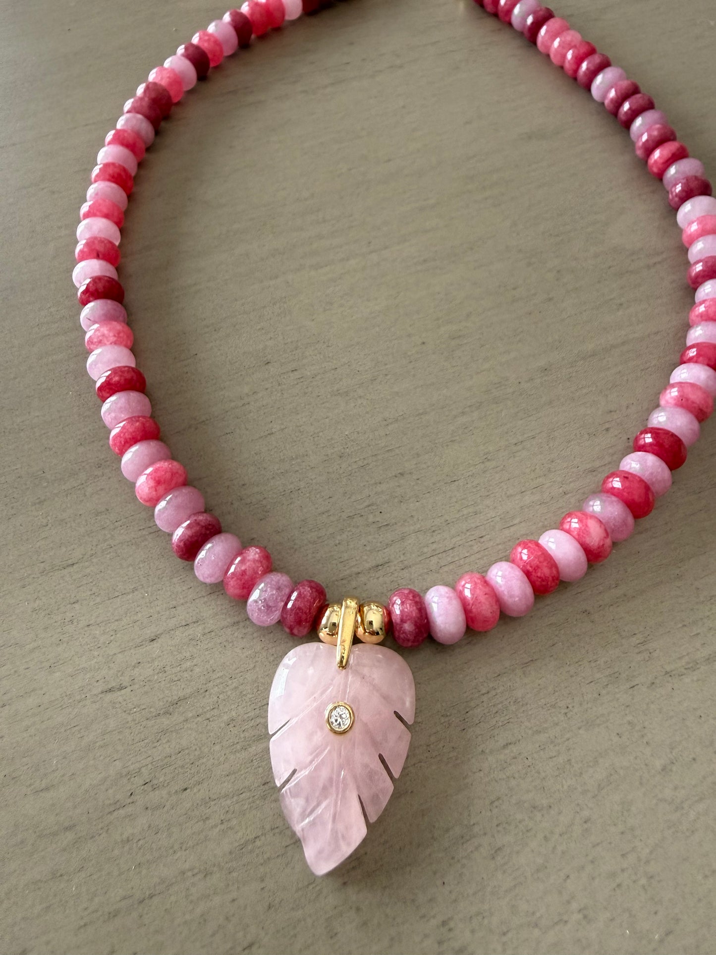 Pink Ombré Gemstone Leaf Pendant Beaded Necklace
