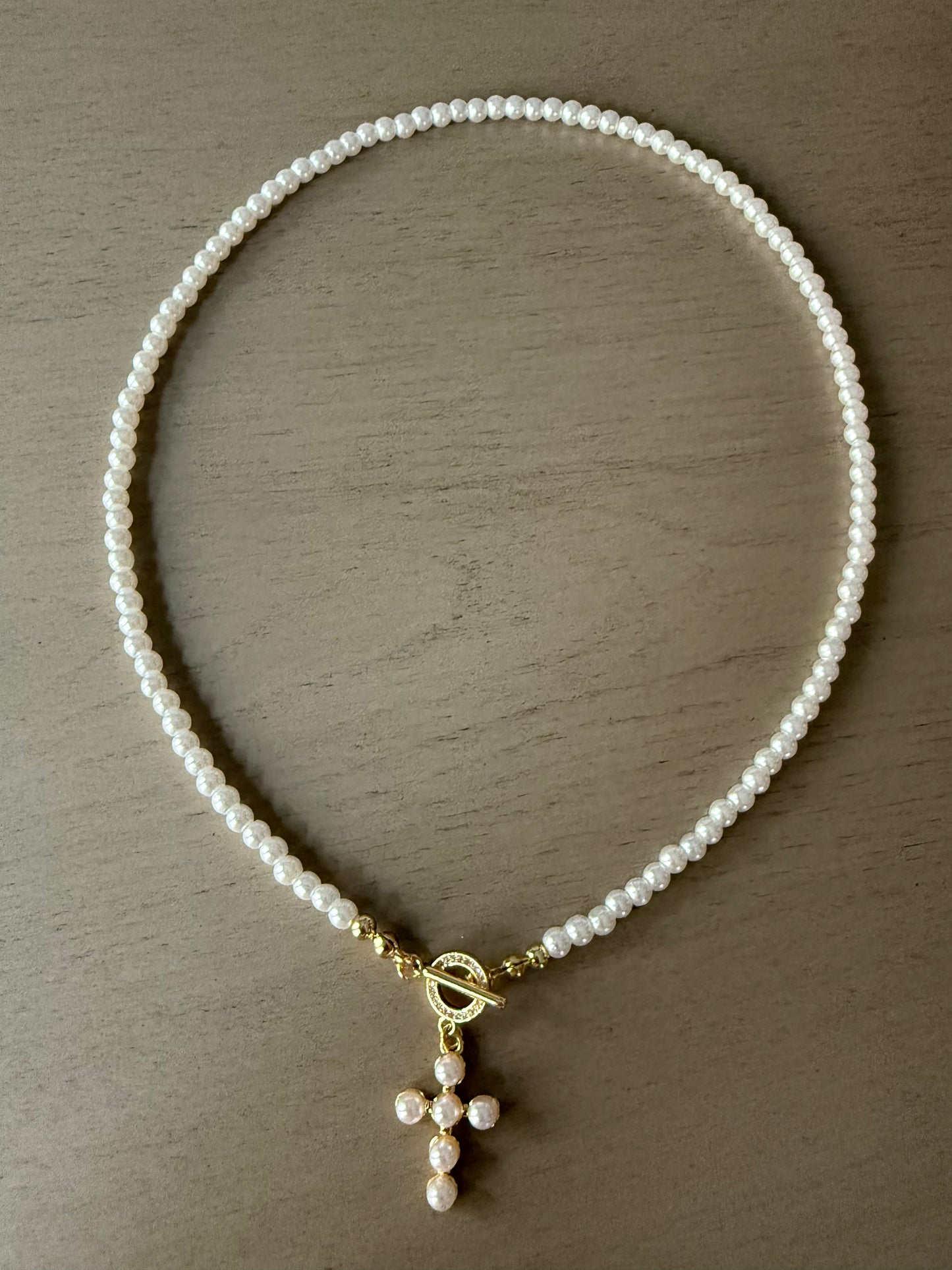 Dainty pearl necklace with cross