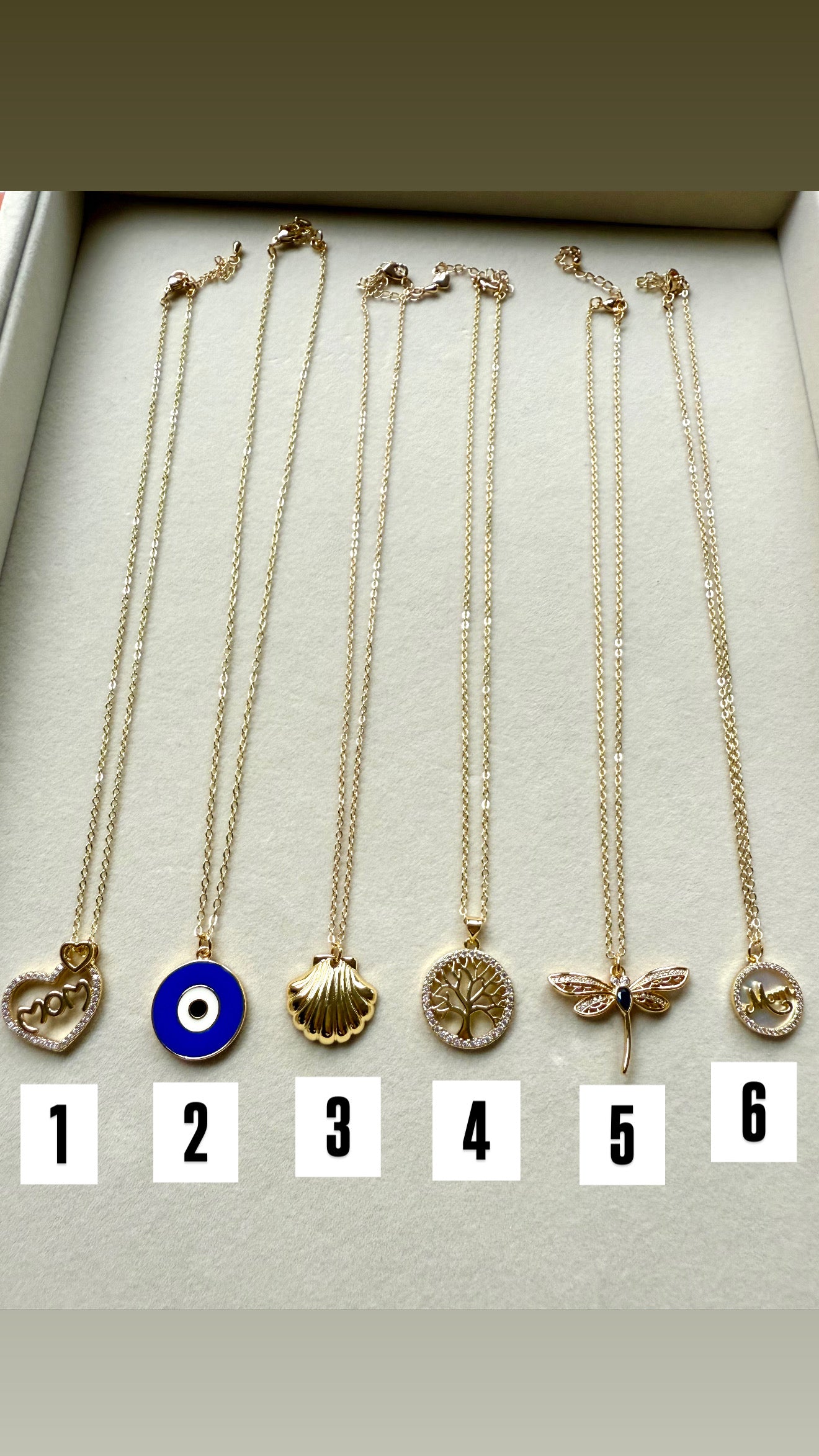 Charm Chain Necklace – Mom, Evil Eye, Shell, tree of life & Dragonfly