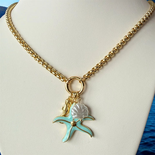 Coastal Charm Necklace with Starfish, Seashell & Seahorse Pendant