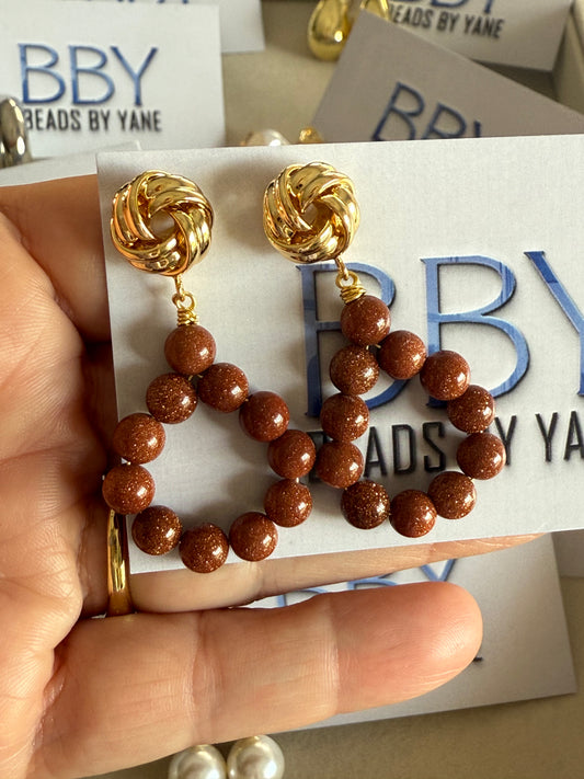 Golden Knot & Brown Stone Hoop Earrings