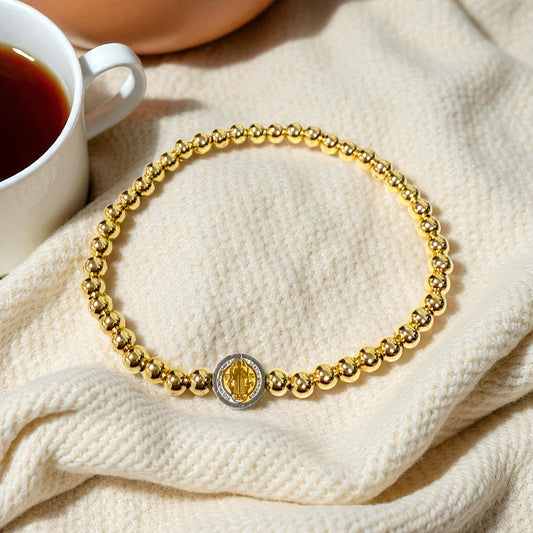 Gold Beaded Bracelet with Saint Benedict Medal