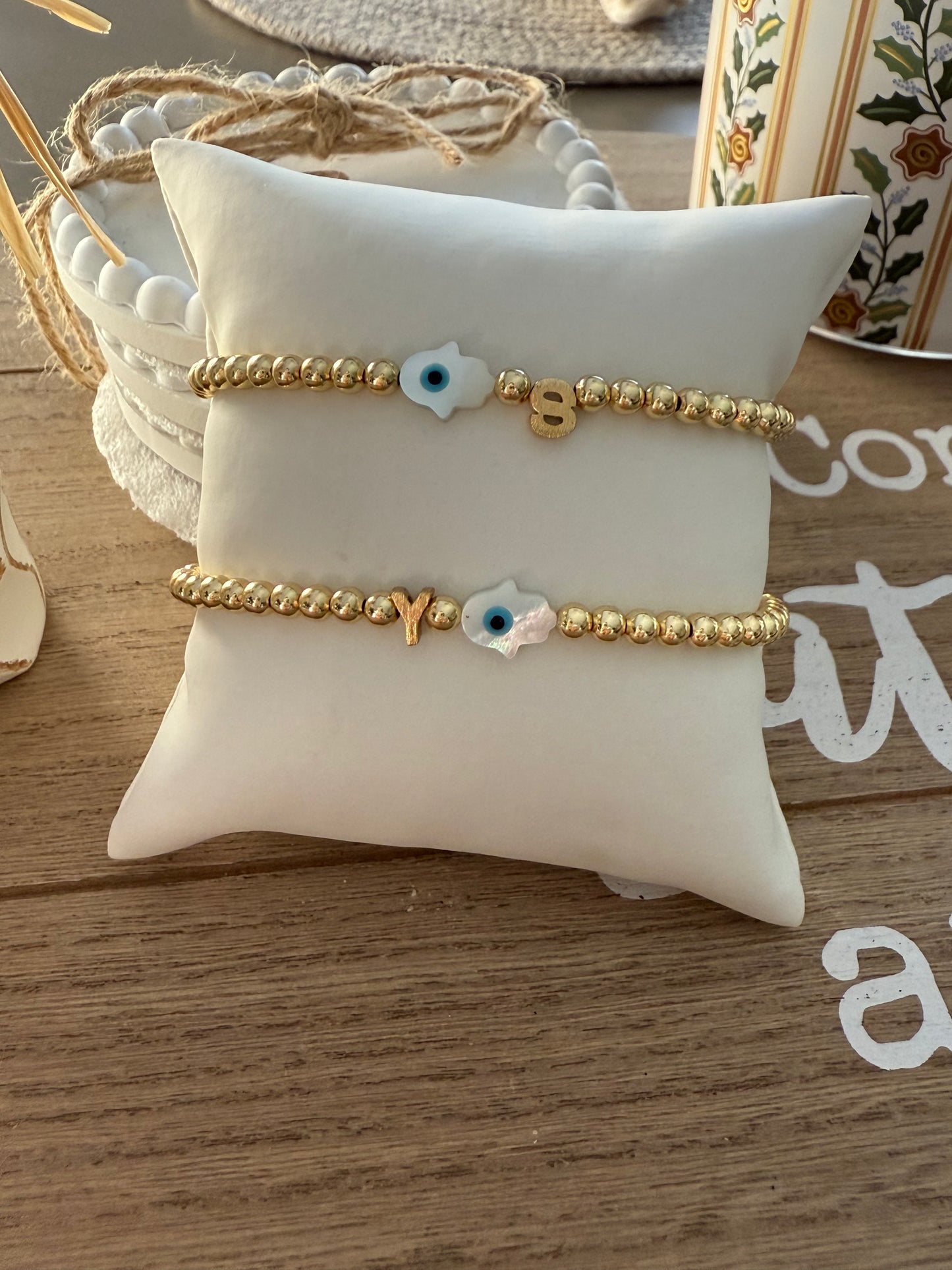 Gold Beaded Initial & Evil Eye Bracelet Set