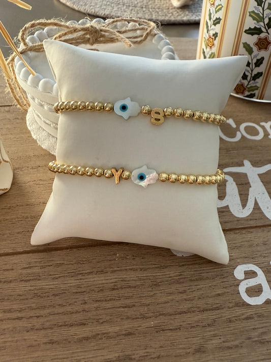 Gold Beaded Initial & Evil Eye Bracelet Set