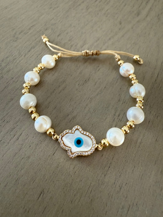 Golden Pearl Evil Eye Bracelet