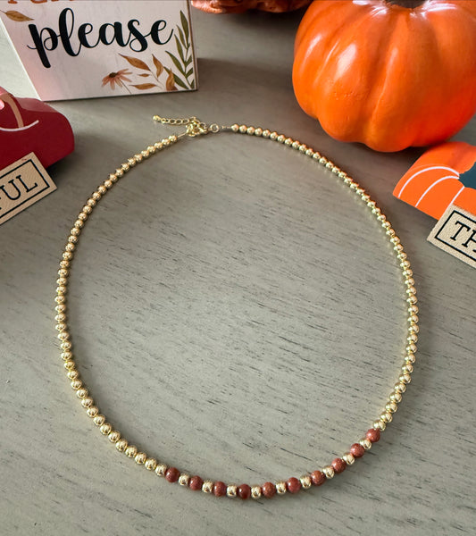 Gold Bead Necklace with Brown Stone Accents