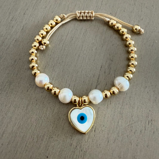 Gold Beaded Evil Eye Heart Bracelet