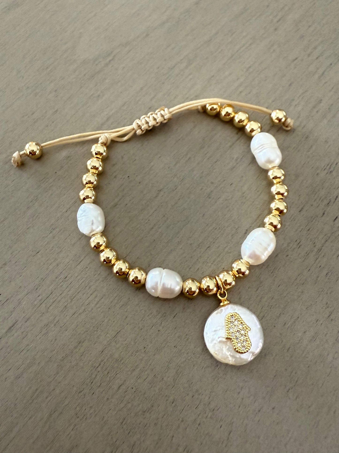 Pearl Hamsa Charm Bracelet