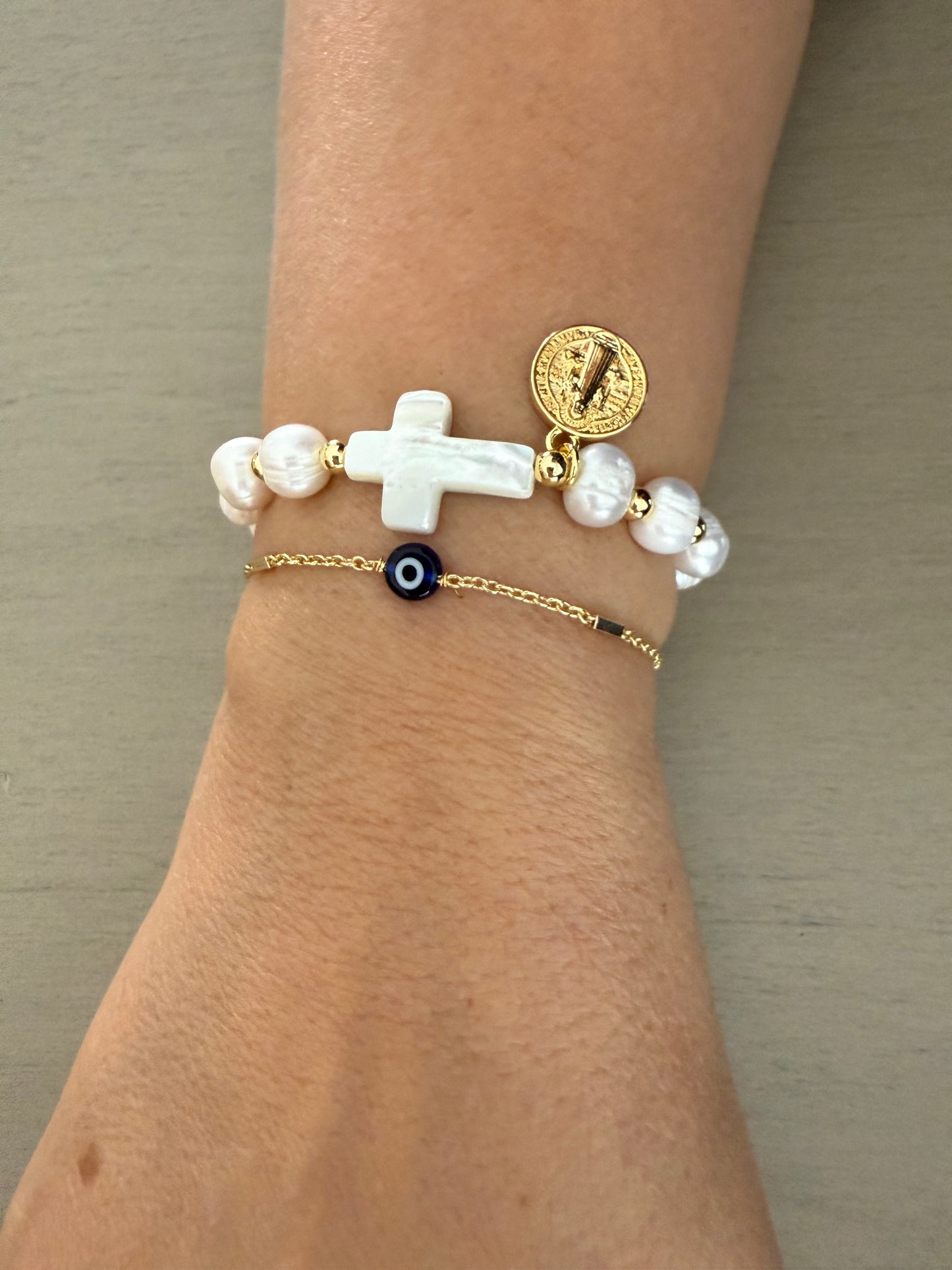 Mother of Pearl Cross & Saint Benedict Freshwater Pearl Bracelet