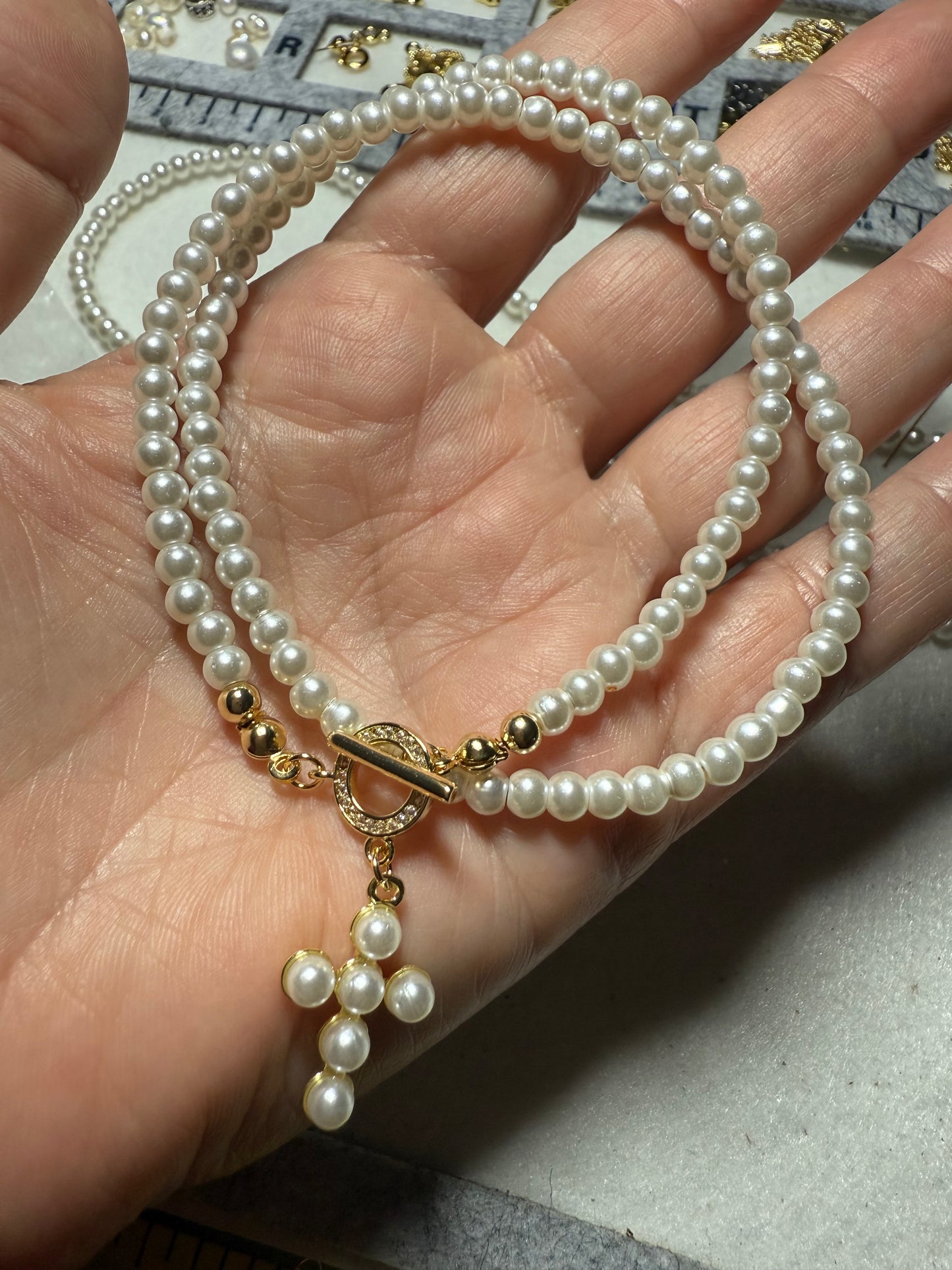 Dainty pearl necklace with cross