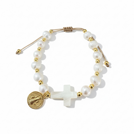 Mother of Pearl Cross & Saint Benedict Freshwater Pearl Bracelet