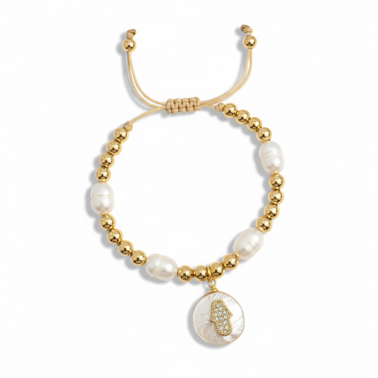 Pearl Hamsa Charm Bracelet