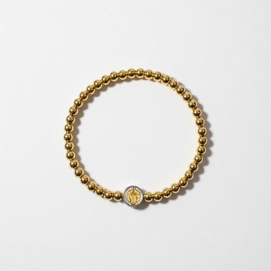 Gold Beaded Bracelet with Saint Benedict Medal