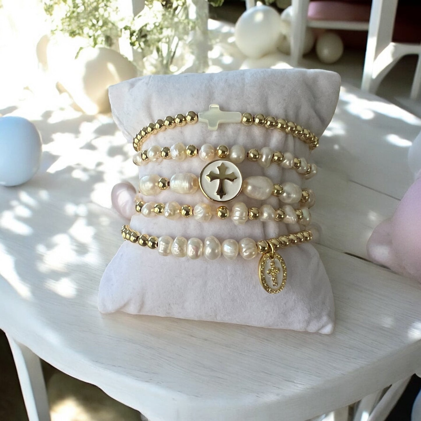 Cross stack of bracelets