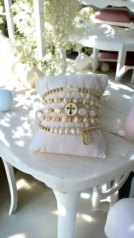Cross stack of bracelets