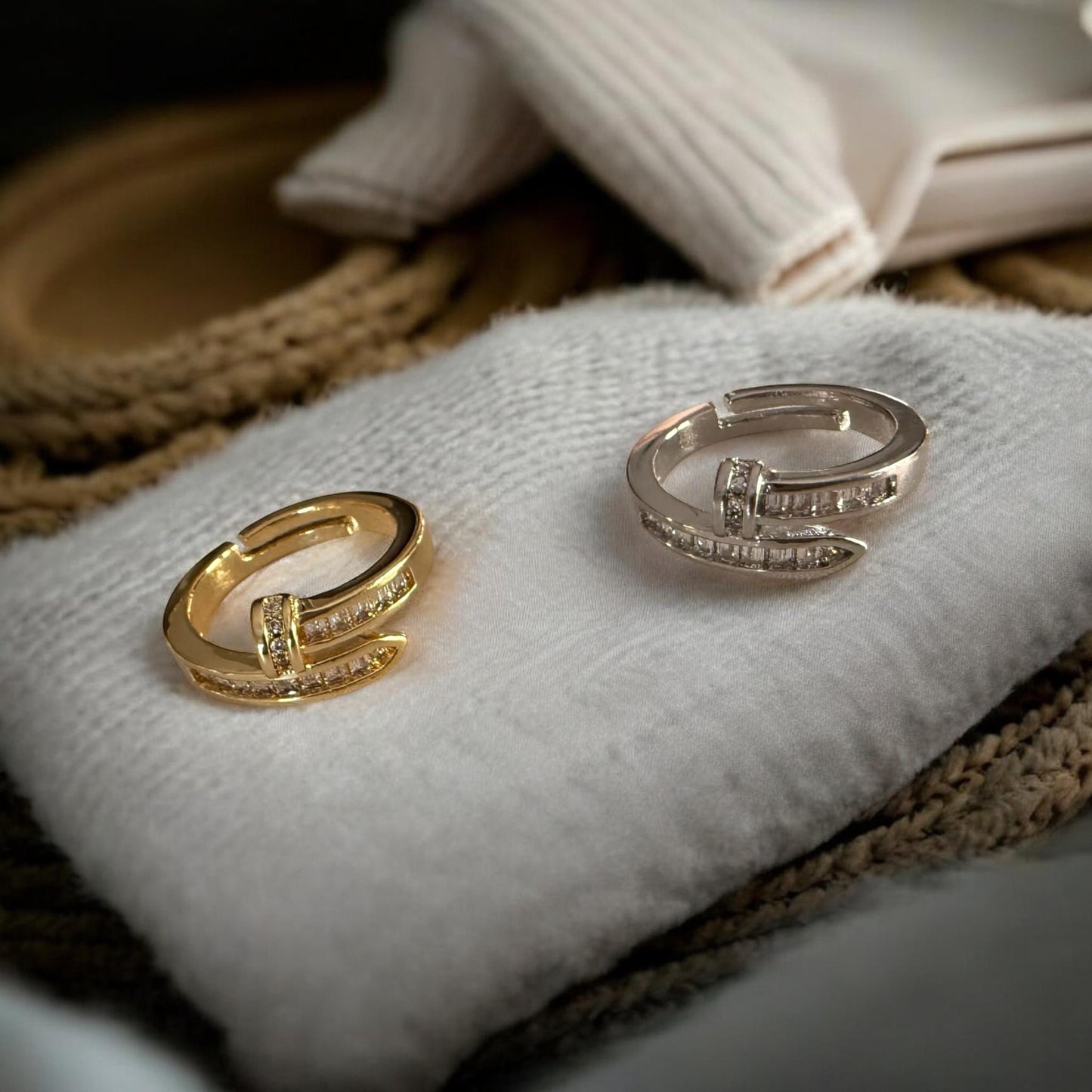 Luxe Nail Wrap Ring – Baguette Crystal Statement Ring (Gold & Silver)