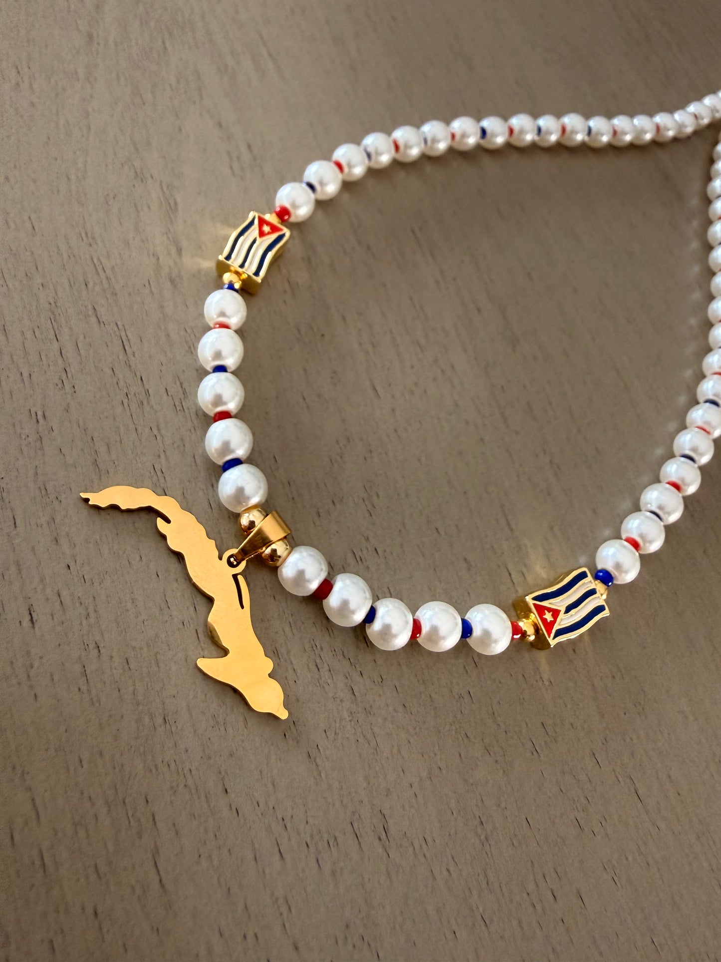 Cuba Map Pearl Necklace with Cuban Flag Charms