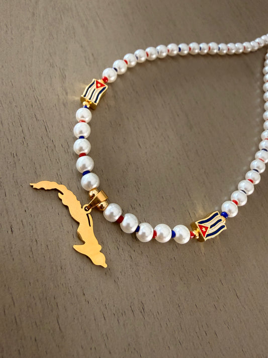 Cuba Map Pearl Necklace with Cuban Flag Charms