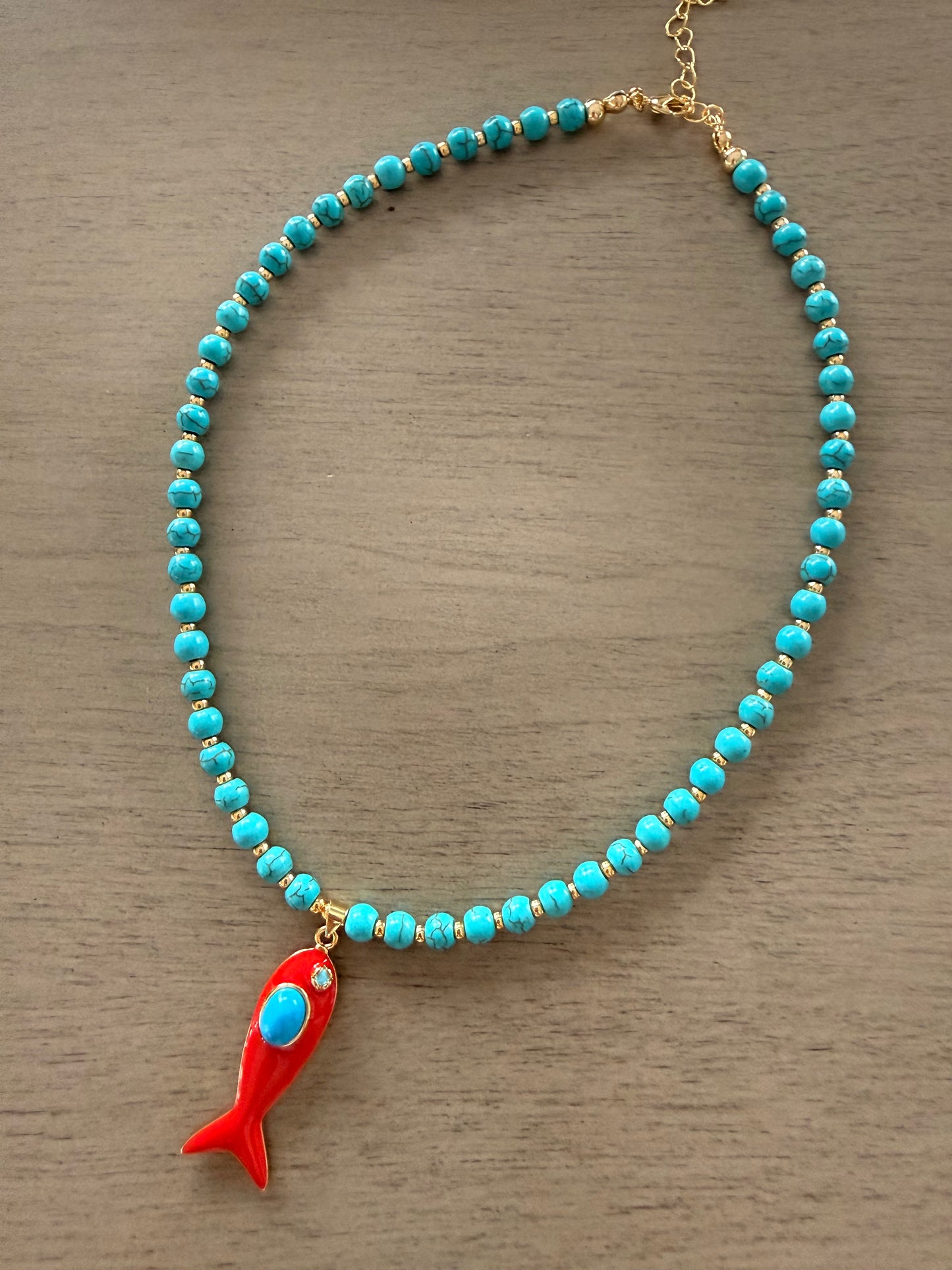 Red Coral Fish Pendant Necklace with Turquoise Beads