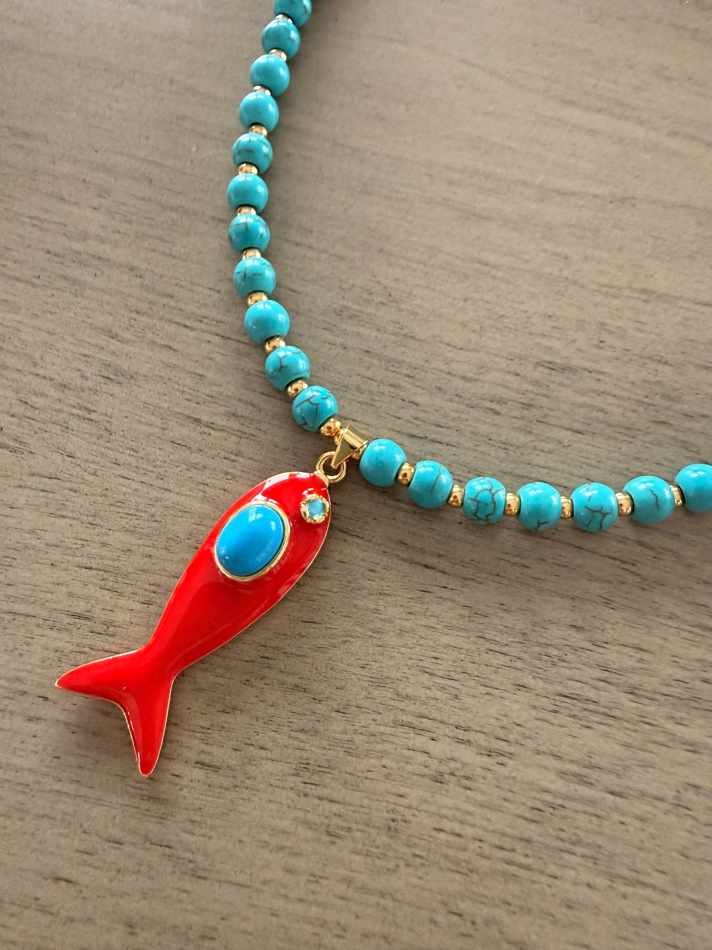 Red Coral Fish Pendant Necklace with Turquoise Beads