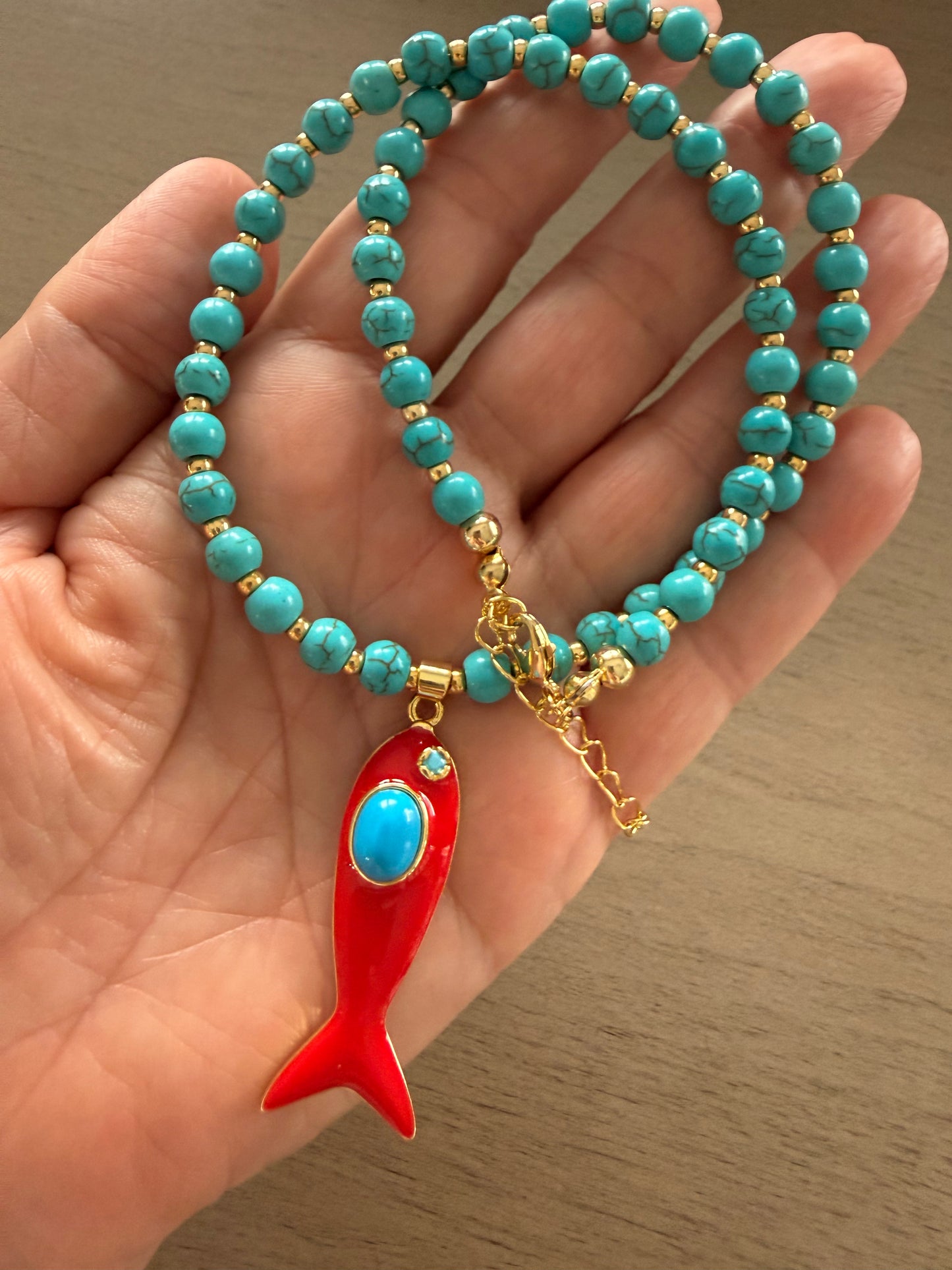 Red Coral Fish Pendant Necklace with Turquoise Beads