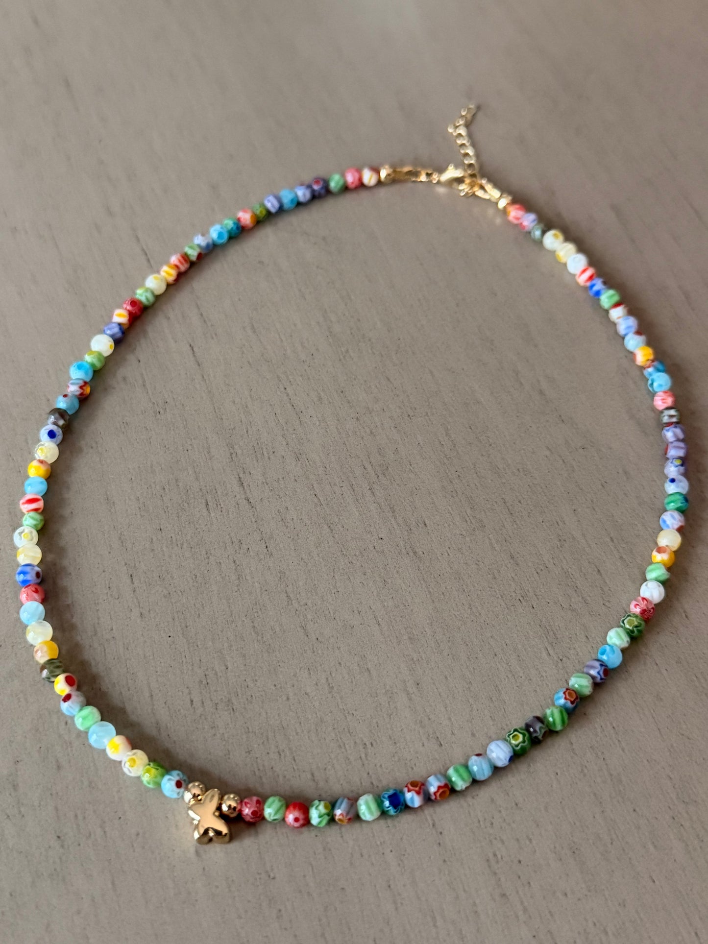 Rainbow Beaded Necklace with Gold Butterfly Charm